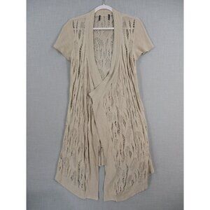 Open Knit Beige Short Sleeve Cardigan Sweater With Draped Front And Leaf Pattern